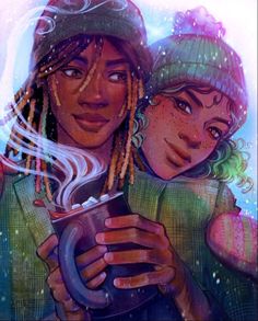 two young women are holding coffee cups in their hands and looking at the camera with steam rising from them