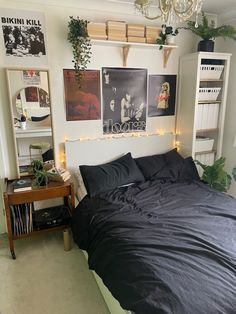 a bed sitting in a bedroom next to a shelf filled with plants and pictures on the wall