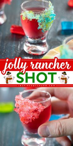 a hand holding a shot glass filled with red and green jello rancher shots