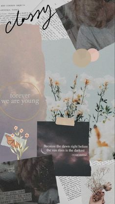 collage of images with words and flowers on them, including an image of a woman's face