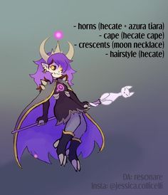 an anime character with purple hair and horns on her head, holding a wand in one hand