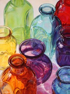 an oil painting of many different colored glass jars