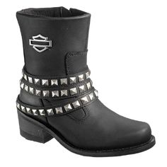 Harley-Davidson Performance, Riding Appropriate* Women's Kellyn Black Leather Motorcycle Boots. Uppers Made From The Best Full Grain Leather Available, Featuring A Full-Length Soft Cushioned Sock Lining. Fashion Features Include Three Studded Dangle Straps And A Silhouette Harley Bar & Shield Logo On The Side. They Also Feature Durable Ykk Locking Inside Zippers For Ease Of Putting On And Taking Off. Total Height 8"; Shaft Height: 6"; Heel Height: 2". Finished With A Rubber Outsole For Easy Walk Boots For Kids, Harley Davidson Shoes, Leather Motorcycle Boots, Kids Motorcycle, Womens Riding Boots, Custom Boots, New Harley Davidson, Harley Davidson Women, Womens Mid Calf Boots