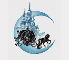 a cross stitch pattern with a horse and carriage in front of a castle on the moon