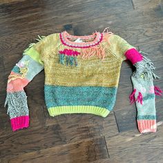 Anthropologie Fringe Color Block Sweater Size M New With Tags 30% Wool, 28% Acrylic, 19% Nylon, 12% Polyester, 6% Metallic, 5% Cotton Character Fashion, Aesthetic Moodboard, Anthropologie Sweater, Refashion Clothes, Color Block Sweater, Girly Girl, Colorful Sweaters, Pink Yellow, Sweater Sizes