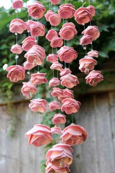 some pink flowers hanging from a wire