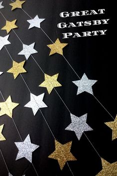 the great gatsby party banner with gold and silver stars