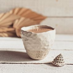 a shell sitting on the ground next to a cup