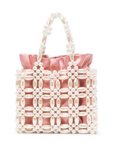 Peony pink/pearl white Marisha caged mini tote bag from 0711 featuring faux-pearl embellishment, two top handles and drawstring fastening. | 0711 Marisha caged mini tote bag Mini Hand Bag, Trending Handbags, Peony Pink, Embellished Bags, Diy Bags Patterns