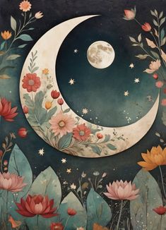 an artistic painting with flowers and a moon in the night sky, painted on canvas