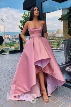 14764 - V-Neck High Low Strapless Satin A-Line Party Dress - Laxag High Low Prom Dress, High Low Prom Dresses, Pink Evening Dress, Gaun Fashion, Pink Party Dresses, Prom Dresses With Pockets, Satin Evening Dresses, Sweetheart Prom Dress, Ținută Casual