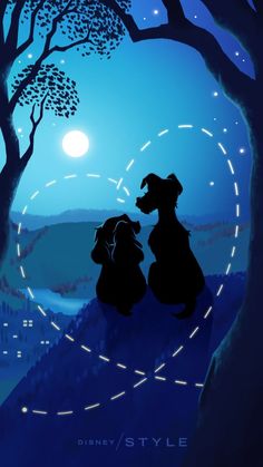 two dogs are sitting in the moonlight under a tree and looking at each other's eyes