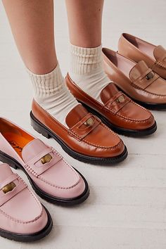 A classic with a twist, these sophisticated loafers are featured in a heritage design, complete with a coin-filled penny-slot for a unique touch. **Features:** Slip-on style, leather uppers, classic loafer construction, round toe, tread rubber outsole, penny slot detail, coin accent **Why We | Liv Loafers by FP Collection at Free People in Brown, Size: EU 39 Dr Martens Adrian Loafers, Brown Loafers Outfit Women, Adrian Loafers, Loafers Outfit Women, Low Loafers, Cute Loafers, Dr Martens Adrian, Japan Summer, Womens Loafers