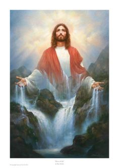 jesus standing in front of a waterfall with his arms outstretched