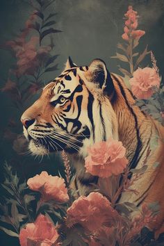 a tiger surrounded by pink flowers and greenery
