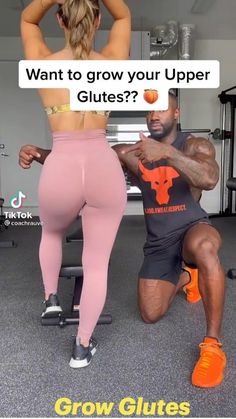 a man and woman doing squats in a gym with the caption saying, want to grow your upper glutes?