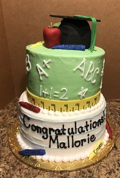 there is a graduation cake on top of the counter with congratulations mallorie written on it