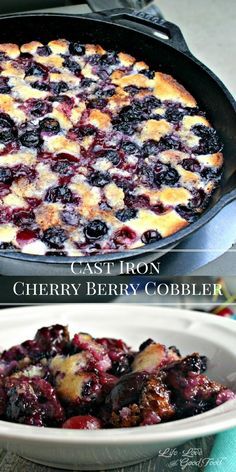 two pictures of blueberry cobbler and cast iron skillet