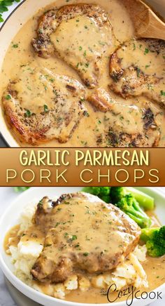 garlic parmesan pork chops with gravy and broccoli on the side