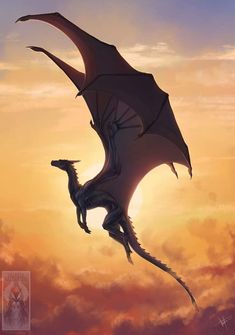 a drawing of a dragon flying through the air with its wings spread out in front of an orange and blue sky