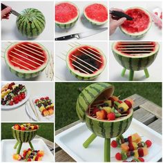 various pictures of different fruits being grilled on skewers and watermelon