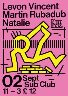 an event poster with the name and date for the concert in yellow on pink background