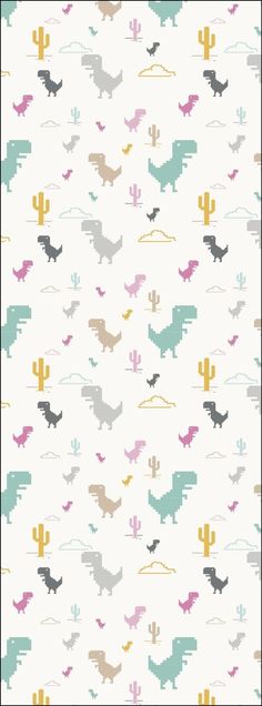 an image of a pattern with dinosaurs and cactuses on the side, in pastel colors