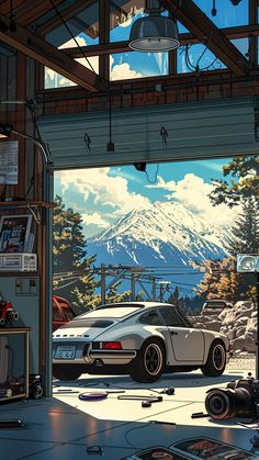 an image of a car in a garage with mountains in the background