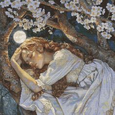 a painting of a woman sleeping under a tree