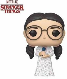 a pop vinyl figure with glasses holding a baby in her arms and looking at the camera