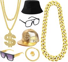 a hat, sunglasses, chain, and other items are arranged on a white background