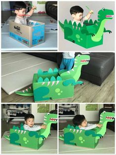 a collage of photos showing the process of making a cardboard dinosaur costume for a toddler