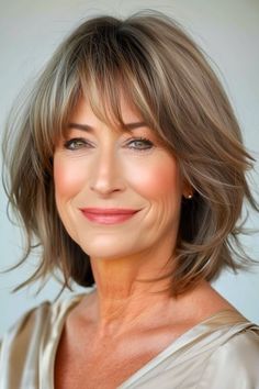 New Bobs 2023, Medium Length Haircut For Older Ladies, Long Bob Haircut With Layers And Bangs, Fringe With Highlights, Layered Bob For Thick Hair Over 50, Current Hairstyles Over 50, Medium Length Wedge Haircut, Dull Hair Before And After, Layered Bobs With Bangs Over 50