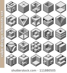 a set of 3d cubes with different shapes and sizes, all in grey colors