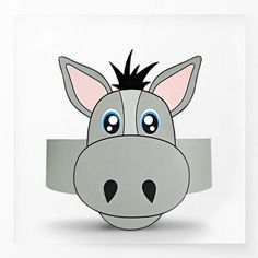 a paper cut out of a donkey head with blue eyes and black hair, on a white background