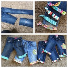 four pictures of different types of jeans with bows on the side and one showing how to sew them