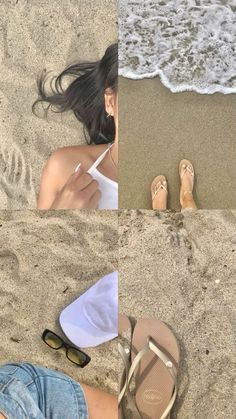 a woman laying on top of a sandy beach next to the ocean with her feet in the sand