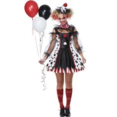 a woman dressed as a clown holding balloons