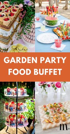 garden party food buffet with lots of different foods and desserts on the table, including cake