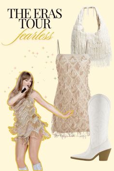 an advertisement for the eras tour fearless with a woman in a fringe dress and cowboy boots