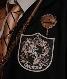 a close up of a harry potter shirt with a tie and badge on it's lapel