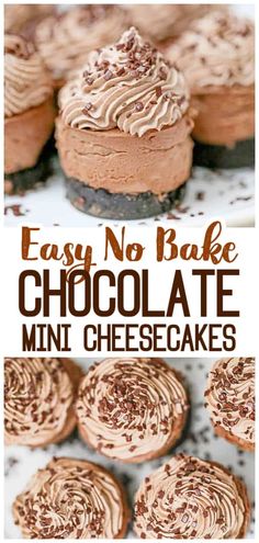 easy no bake chocolate mini cheesecakes with text overlay