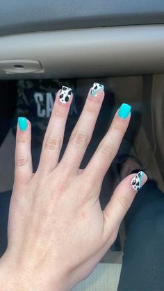 Cow Print And Teal Nails, Turquoise And Cow Print Nails, Turquoise Western Nails, Nail Ideas Western, Cow Print Nail Ideas, Country Acrylic Nails, Rodeo Nails, Cowboy Nails, Future Nails