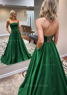 A Line Scalloped Neck Sweep Train Satin Prom Dress Outfits For Women With Pockets Green Prom Dress Long, Emerald Green Prom Dress, Simple Evening Dress, Strapless Long Dress, Prom Dresses Simple, Green Prom, Strapless Prom Dress, A Line Evening Dress, Simple Prom Dress