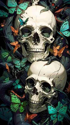 three skulls with butterflies around them and one skull is in the middle of the image