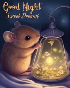 a mouse sitting in front of a lamp with flowers on it's side and its eyes open