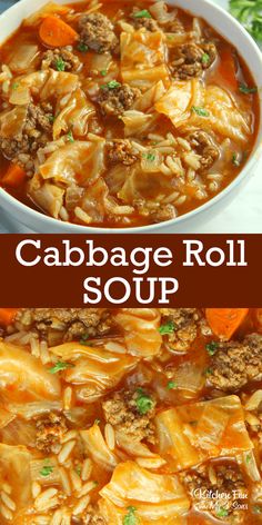 cabbage roll soup in a white bowl with carrots and parsley