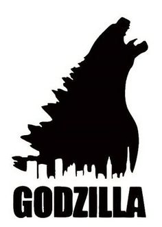 godzilla silhouette with the word godzilla in black and white, against a cityscape