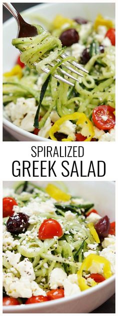 two pictures showing different types of salads with cheese, tomatoes and cucumbers