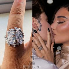 two pictures one with a ring and the other with an engagement ring on it's finger